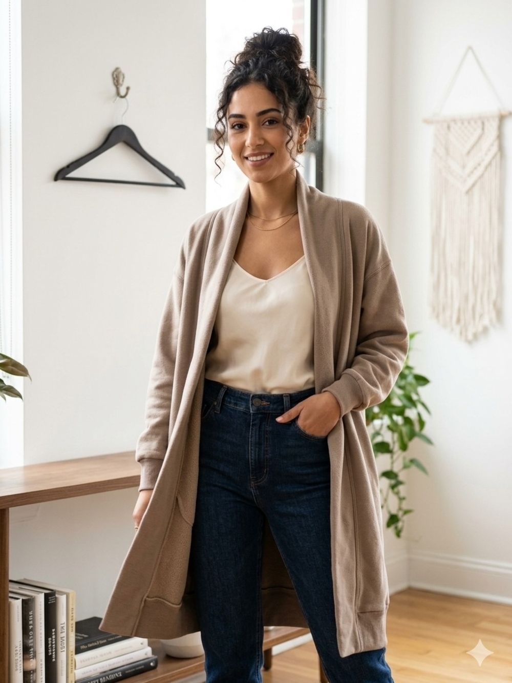 Olive + Oak Fleece-Lined Shawl Collar Duster Cardigan - M - Taupe